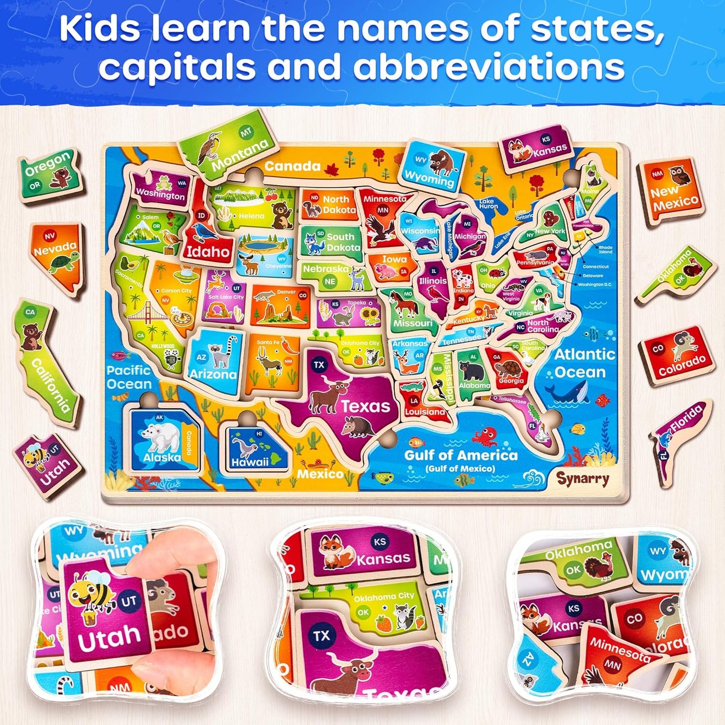SYNARRY Large USA World Wooden Puzzles for Kids Ages 4-6, Learning United States World Maps Puzles for Kids Ages 6-8, Wood Jigsaw Puzzles Educational Games Toys Gifts for Boys Girls Ages 3-8