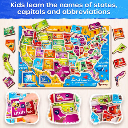 SYNARRY Large USA World Wooden Puzzles for Kids Ages 4-6, Learning United States World Maps Puzles for Kids Ages 6-8, Wood Jigsaw Puzzles Educational Games Toys Gifts for Boys Girls Ages 3-8