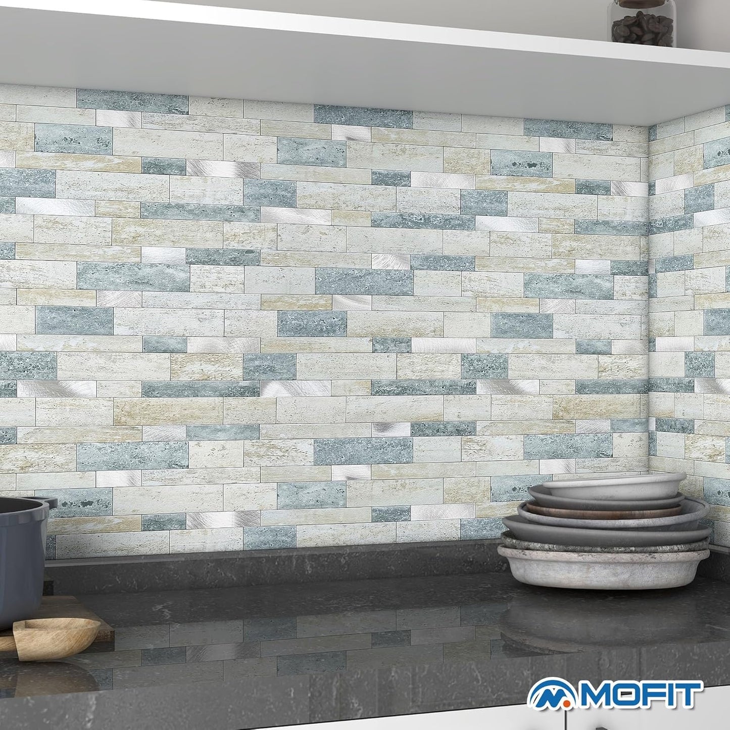 MOFIT Backsplash Tile for Kitchen Peel and Stick Stone Matte Finish,Bathroom Tiles Stickers 3D Wall Panel Linear Mosaic Marble Backsplash Waterproof(5sheets,Blue Green Gray)