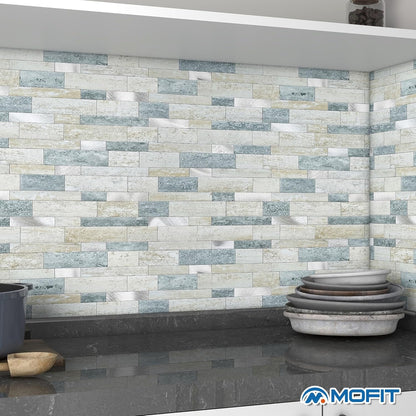 MOFIT Backsplash Tile for Kitchen Peel and Stick Stone Matte Finish,Bathroom Tiles Stickers 3D Wall Panel Linear Mosaic Marble Backsplash Waterproof(5sheets,Blue Green Gray)