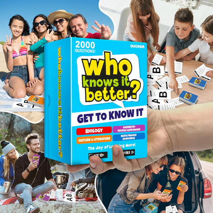 QUOKKA Board Games for Kids 8-12 and Family - Set of 4 Who Knows It Better? - 2000+ Questions Across Biology, Culture, STEM and Math - Educational Trivia Cards for Learning and Game Night