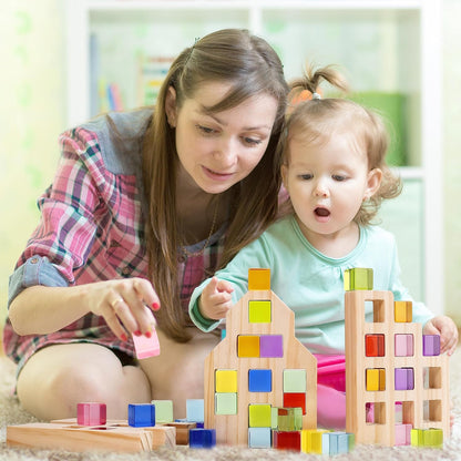 Woodtoe Wooden Building Blocks Set for Kids, 36 PCS Rainbow Acrylic Gem Blocks - 3 Wood House, Montessori Stacking Toy for Toddlers, Educational STEM Birthday Creative Toy Gift for Boys Girls 3-6
