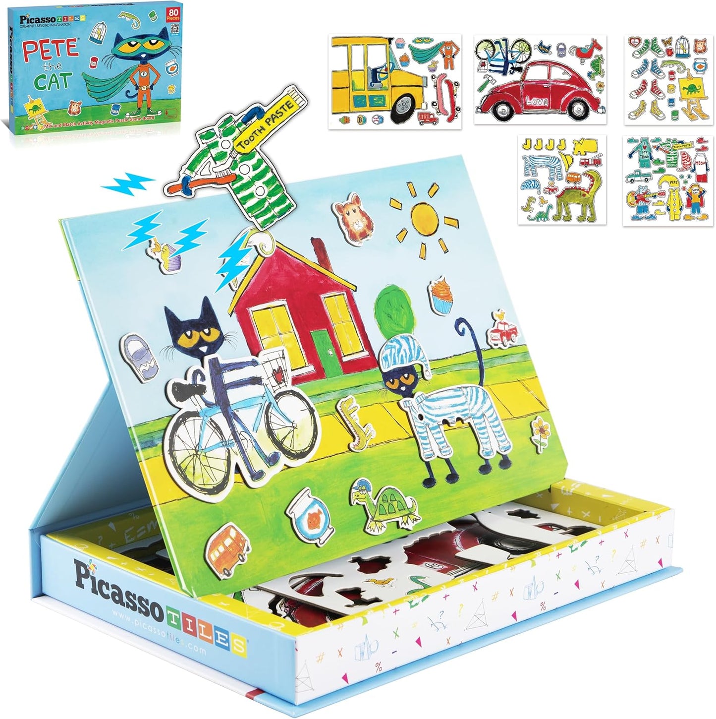 PicassoTiles Magnetic Tiles Pete the Cat Home Theme Building Blocks Double Sided Printing Toddler Magnet Toys Education STEM Learning Kit Construction Brain Development Preschool Kid Game Boy Girl 3+