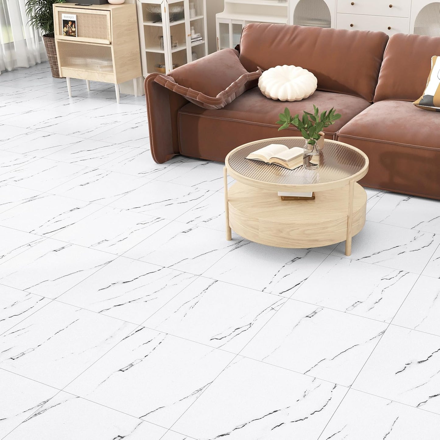 Wallercity White Marble Peel and Stick Vinyl Floor Tiles 6-Pack 12x12 Inches Self Adhesive Waterproof Flooring Planks for Bathroom Kitchen Bedrooms Stick on Floor Tiles Laminate Sheets Vinyl Flooring