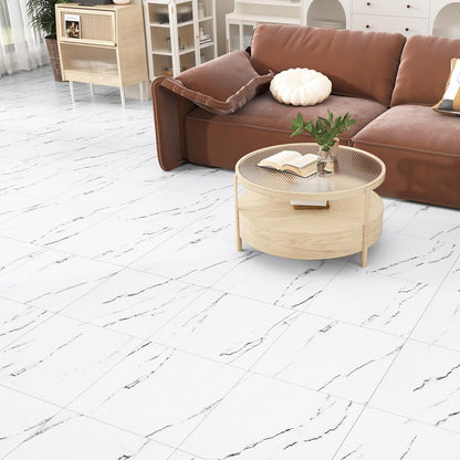 Wallercity White Marble Peel and Stick Vinyl Floor Tiles 6-Pack 12x12 Inches Self Adhesive Waterproof Flooring Planks for Bathroom Kitchen Bedrooms Stick on Floor Tiles Laminate Sheets Vinyl Flooring