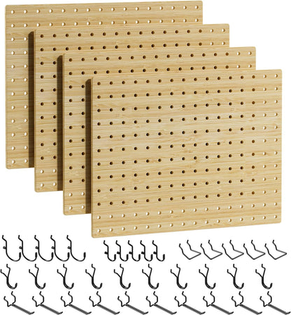 VOIMO Bamboo Pegboard Organizer Set, 6 Panels (16"x12") with 48 Hooks – Eco-Friendly Wall Mounted Storage Rack for Tools, Crafts & Office – Natural Bamboo Pegboard System with Accessories