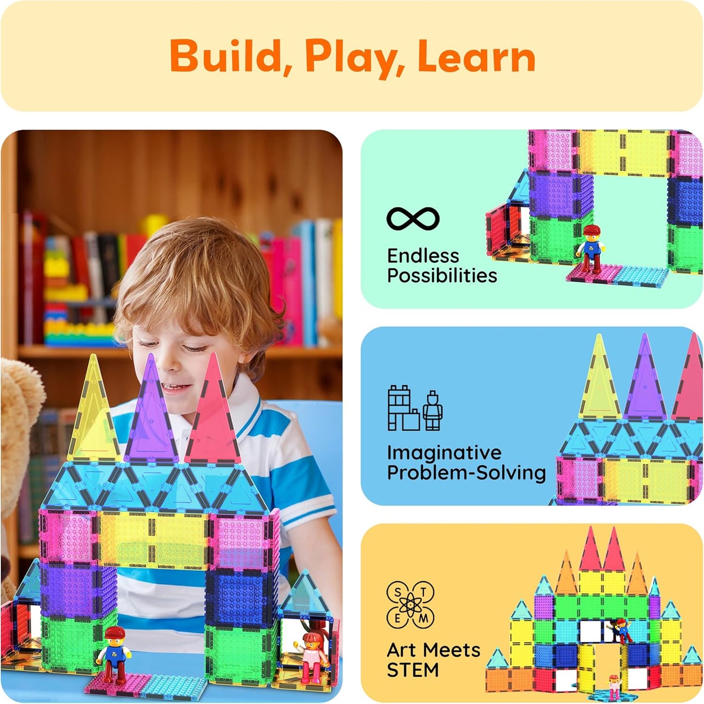 PicassoTiles 333pcs Magnetic Brick Tile and Magnetic Tile Combo Set, Action Figures included, Building Blocks STEM Toys, Educational Montessori Preschool Toddler classroom learning toys, Kids activity