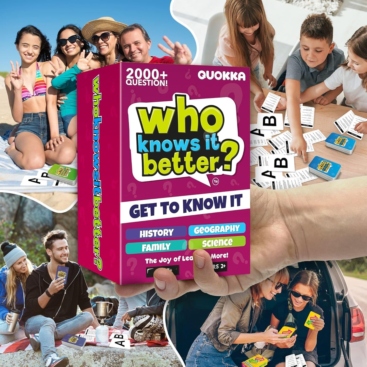 QUOKKA Board Games for Kids 8-12 and Family - Set of 4 Who Knows It Better? - 2000+ Questions Across Biology, Culture, STEM and Math - Educational Trivia Cards for Learning and Game Night