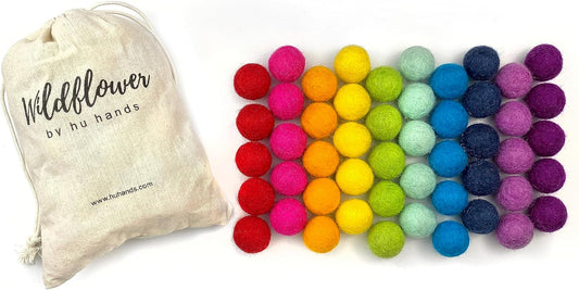 Rainbow Large Felt Balls | Montessori Wool Pom Poms for Baby, Crafts, Cats, Essential Oils, Felting & Garland | 7 ROYGBIV Colors | 4 CM (1.75-2") Jumbo Size | Muslin Storage Bag