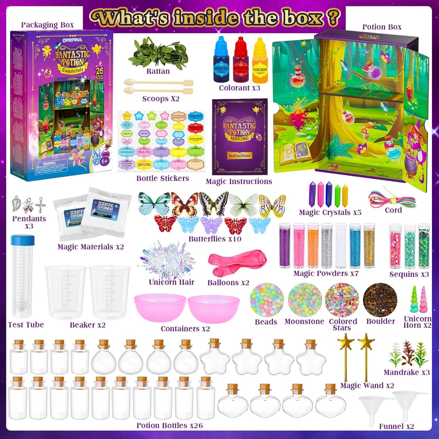 CARTELL Fairy Magic Potions Kit for Kids, Upgraded 26 DIY Mixed Magic Wizard Potion Bottles, Mystery Potions Craft Kit, Christmas Decorations Birthday Gifts for Age 6 7 8 9 10+ Year Old Girls Boys
