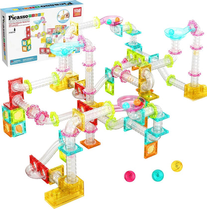 PicassoTiles Marble Run 60 Piece Race Track Magnetic Tiles Magnet Building Block Educational Construction Toy Set Playset STEM Learning Kit Child Brain Development HandEye Coordination Training PTG60