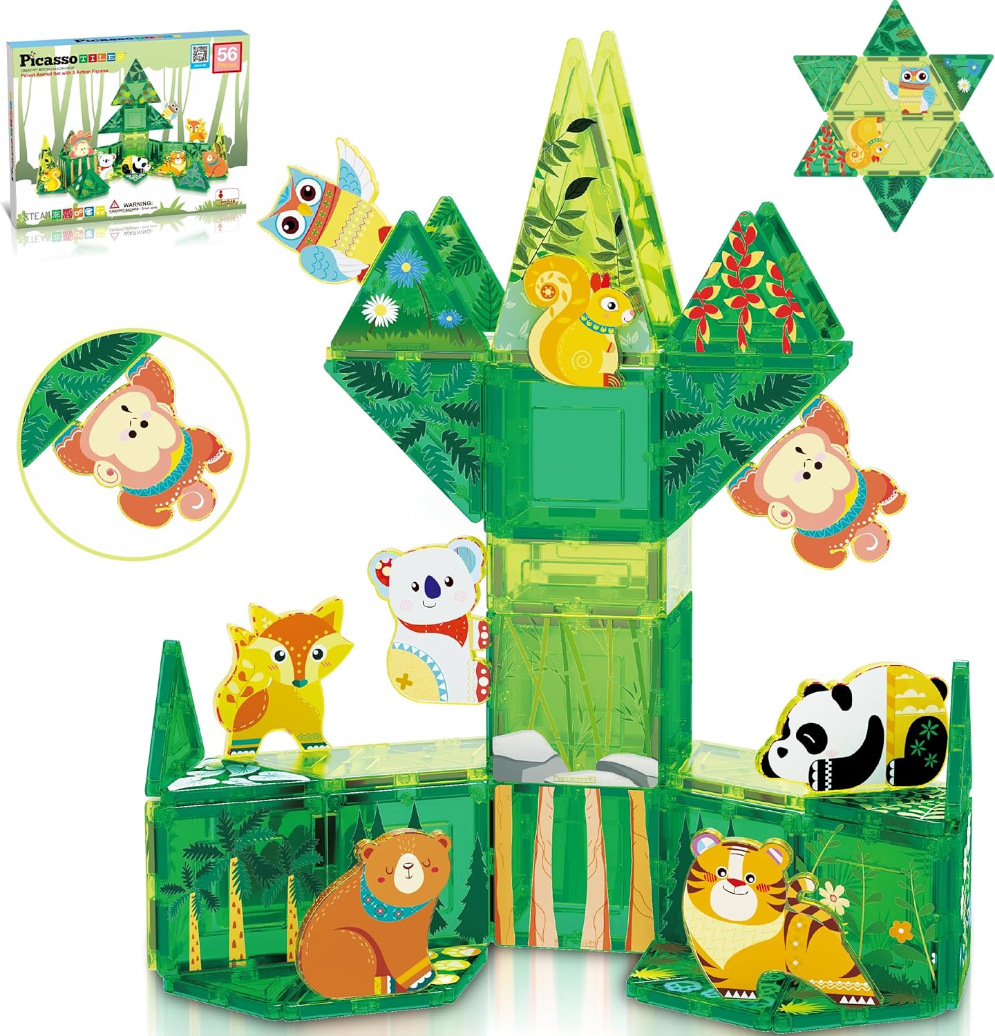 PicassoTiles Magnet Tiles Magnetic Building Blocks Aquarium Marine Animal Theme Set with 8 Character Action Figures Shark Crab Turtle STEM Toys Construction Preschool Toddlers Kids Boys Girls 3+ PTQ15