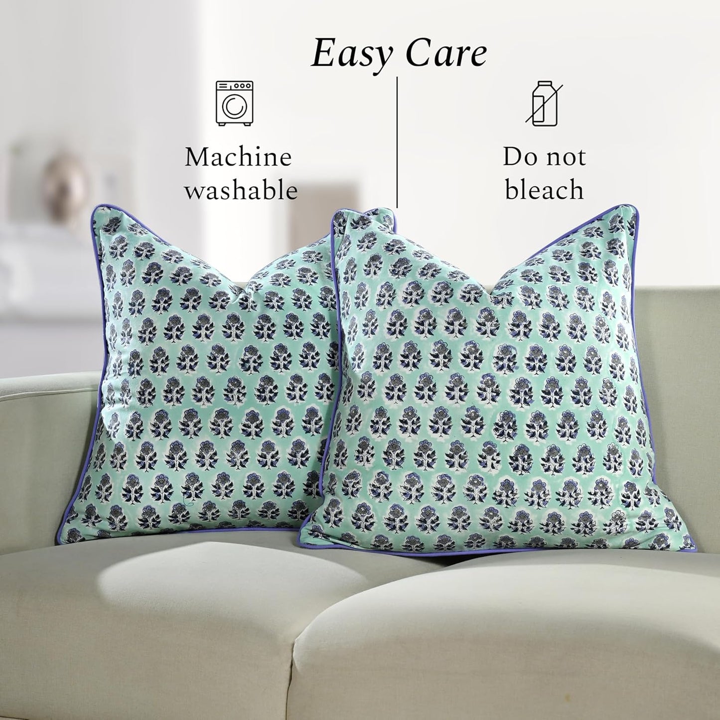 CPC 100% Cotton Throw Pillow Covers 18x18 Inch, Set of 2 Green Block Print Pattern Couch Pillow, Cute Boho Decorative Pillows for Living Room, Bedroom with Hidden Zipper- Agate Green