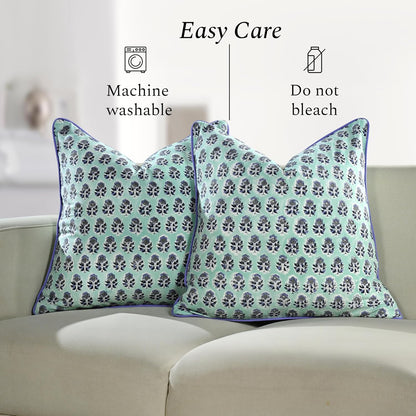 CPC 100% Cotton Throw Pillow Covers 18x18 Inch, Set of 2 Green Block Print Pattern Couch Pillow, Cute Boho Decorative Pillows for Living Room, Bedroom with Hidden Zipper- Agate Green
