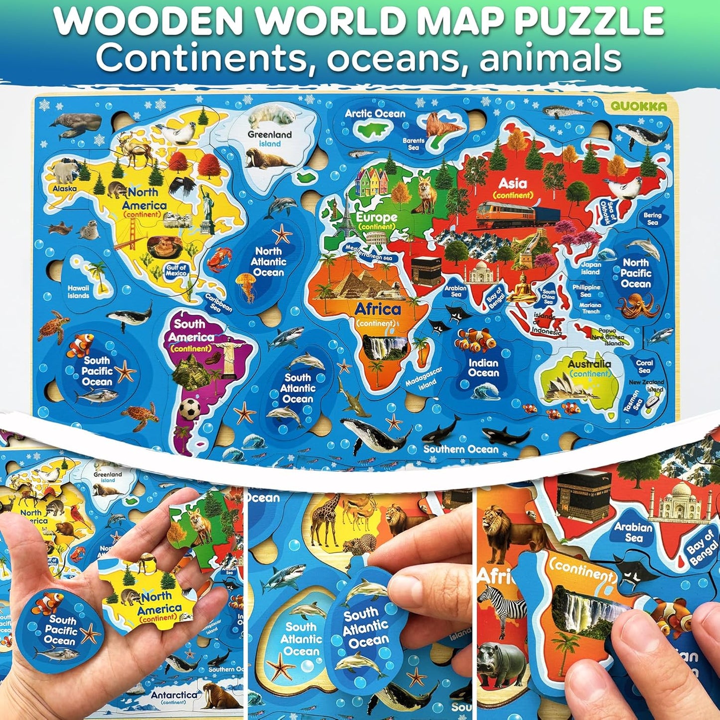 QUOKKA Puzzles for Kids Ages 4-6 - Realistic USA Map Wooden Puzzles for Toddlers 3-5 - Montessori Wood Educational Toys for 2-4 Years Old - United States Geography Learning Games for Kids 6-8