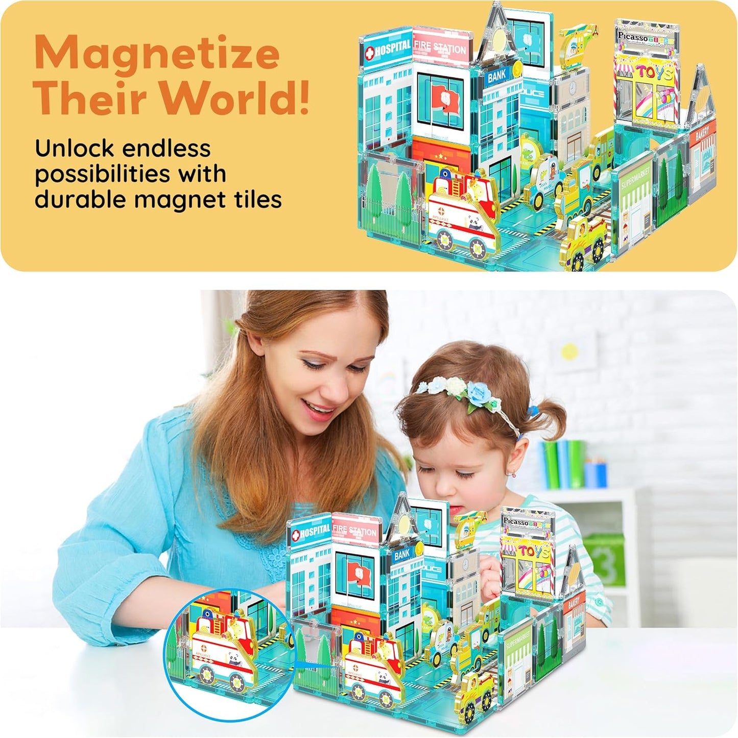 PicassoTiles Magnetic Tile Building Blocks Add On 8 Magnetized Action Figures Construction Vehicles & Zoo Animal Theme Compatible with Magnet Tiles Sets STEM Learning Toy for Boys & Girls Age 3+ PTA21