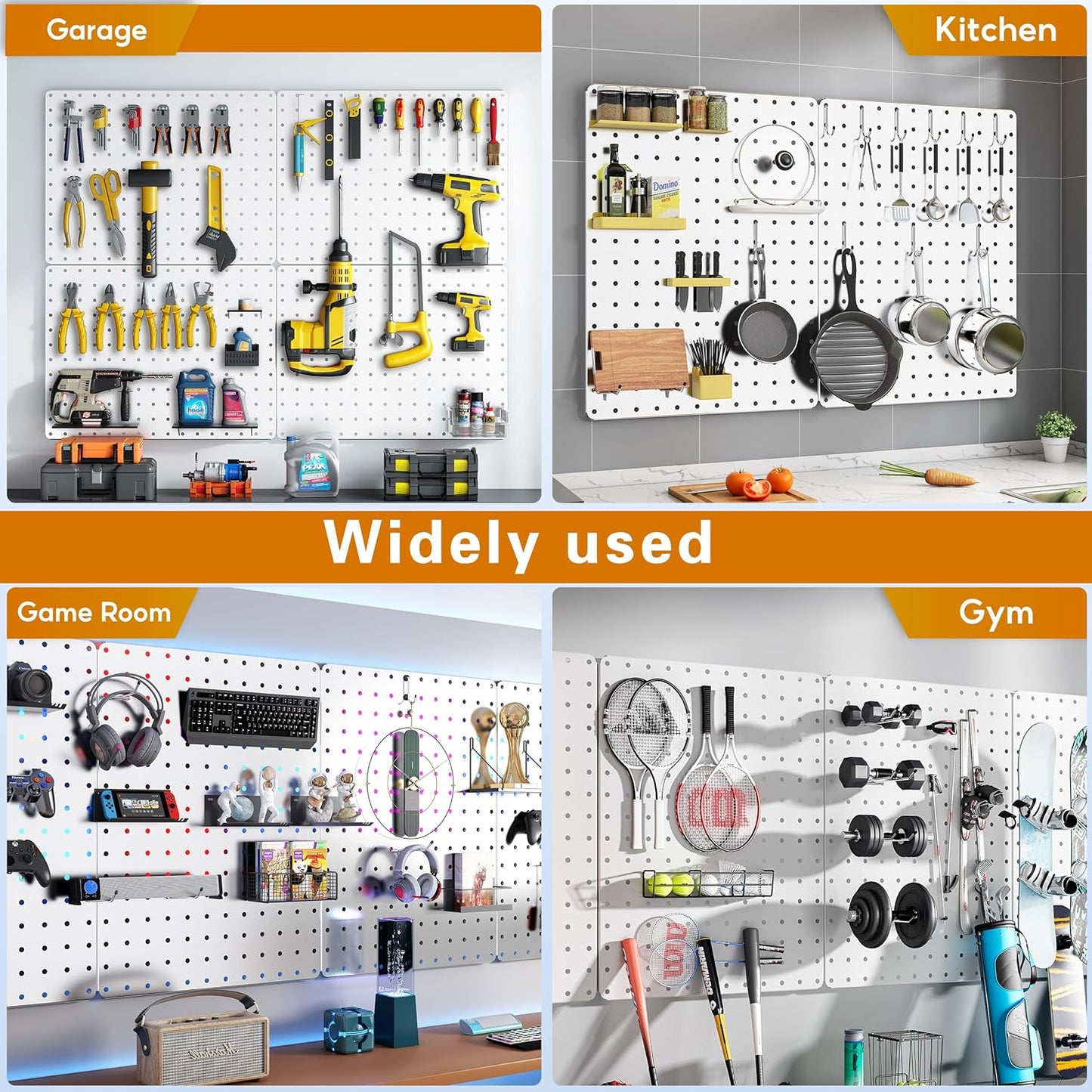 Peg Board, 112PCS Heavy Duty Metal Pegboard with Hooks, 6 Pack Black Peg Board Panels, 60lbs Load Capacity Each, Pegboard Wall Organizer for Garage, Workshop, Kitchen, Craft Rooms