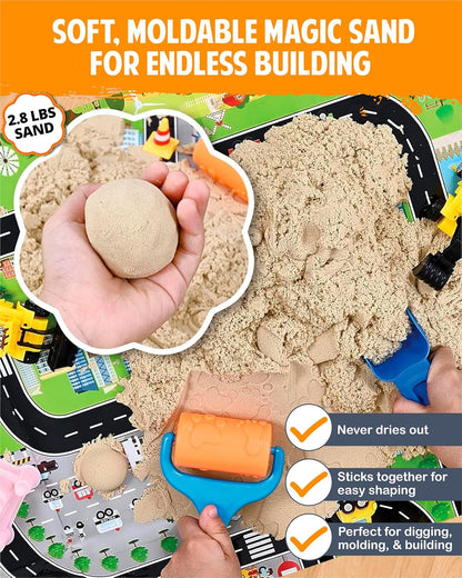 Construction Sensory Bin for Toddlers with 2-in-1 Play Mat & 2.8lbs Moldable Sand, Kids Sensory Bin with Lid & Handle, Toddler Sensory Kit Boys & Girls, Learning Activity, Gift Ages 3+