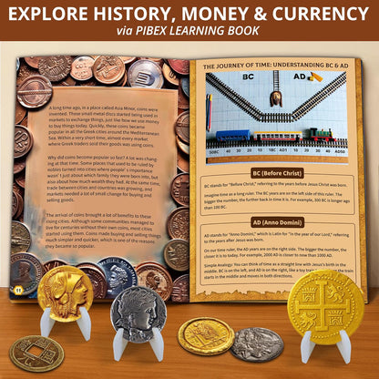 PIBEX Pirate Treasure Coins Dig Kit – Dig & Collect 16+ Ancient Metal Coin Replicas, Fool’s Gold & Pirate Charms – STEM Archaeology & Necklace Making Kit, Coin Collecting Gift Toy for Kids Ages 6+