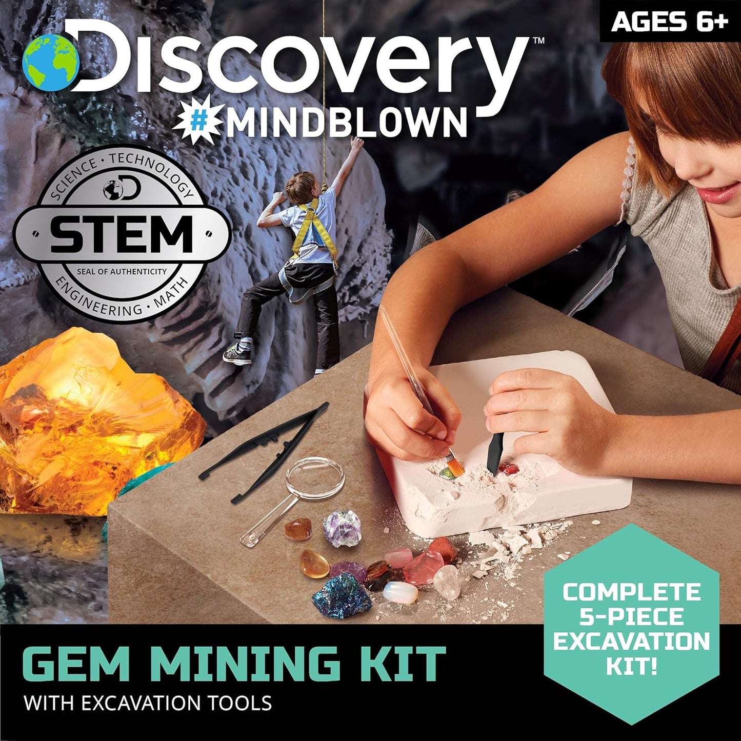 Discovery™ Gemstone Mining Kit - Excavate Real Gems & Rock Minerals, Fun DIY STEM Experiment, Educational Geology Activity Toy, Safe Non-Toxic Kids Learning Set Gift, Chisel Magnifying Glass Tools