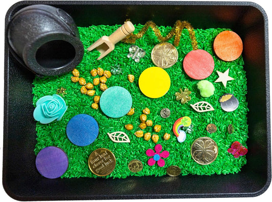 St Patrick's Day Sensory Bin, Sensory Bins, Play Therapy, Sensory Motor Aids, Sensory Bin Filler, Sensory Rice, Colored Rice, Sensory Table Toys, St. Patrick Day Cauldron