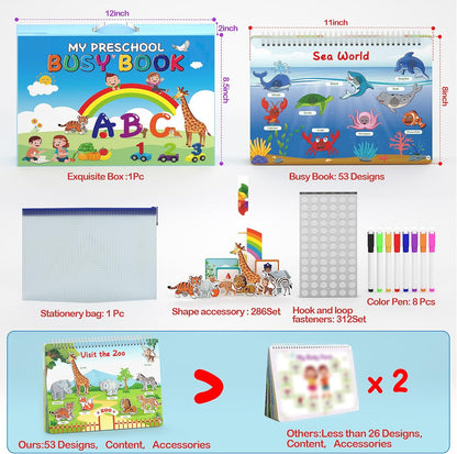 WJPC 53 Designs Busy Book for Toddlers 1,2,3,4,5,6 Years. Preschool Learning Busy Board Kids Boys&Girls Quiet Montessori Toddler Activity Book, Tracing Coloring Book