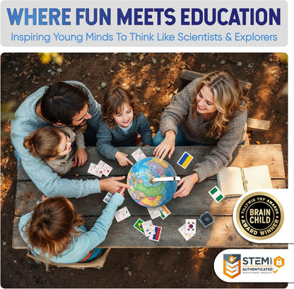 SMART WALLABY 9" Illuminated Educational Kids World Globe + STEM Flags & Countries Interactive Card Game. 3 in 1 Children Desktop Spinning Earth Political & Constellation Maps, LED Night Light Lamp