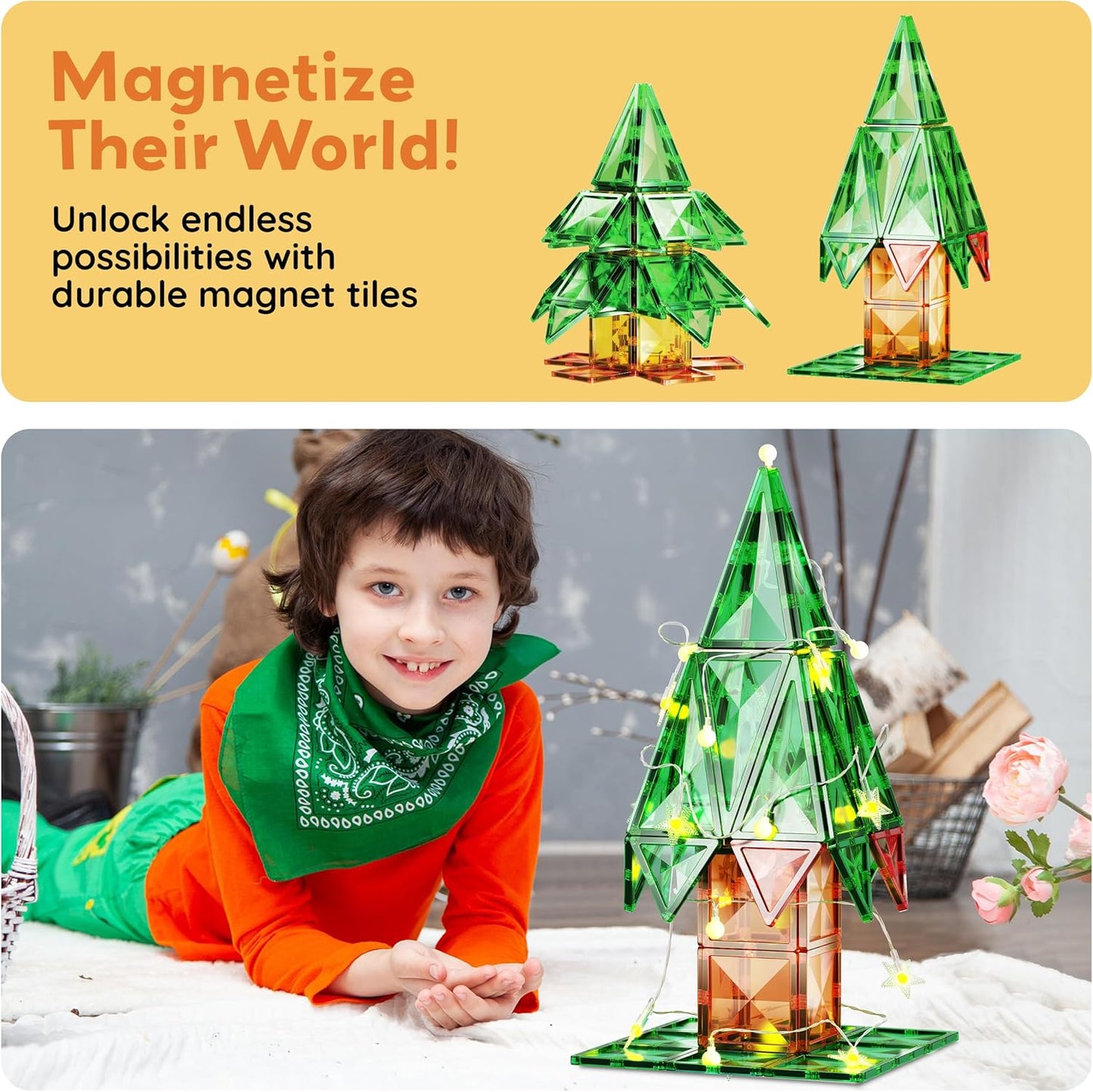 PicassoTiles Magnetic Tile Christmas Holidays Cottage Building Set with Santa Elves Nutcracker 6 Character Figures STEM Educational Construction Toy Winter Magnet Block Gift for Kids Age 3 Plus PTQ08