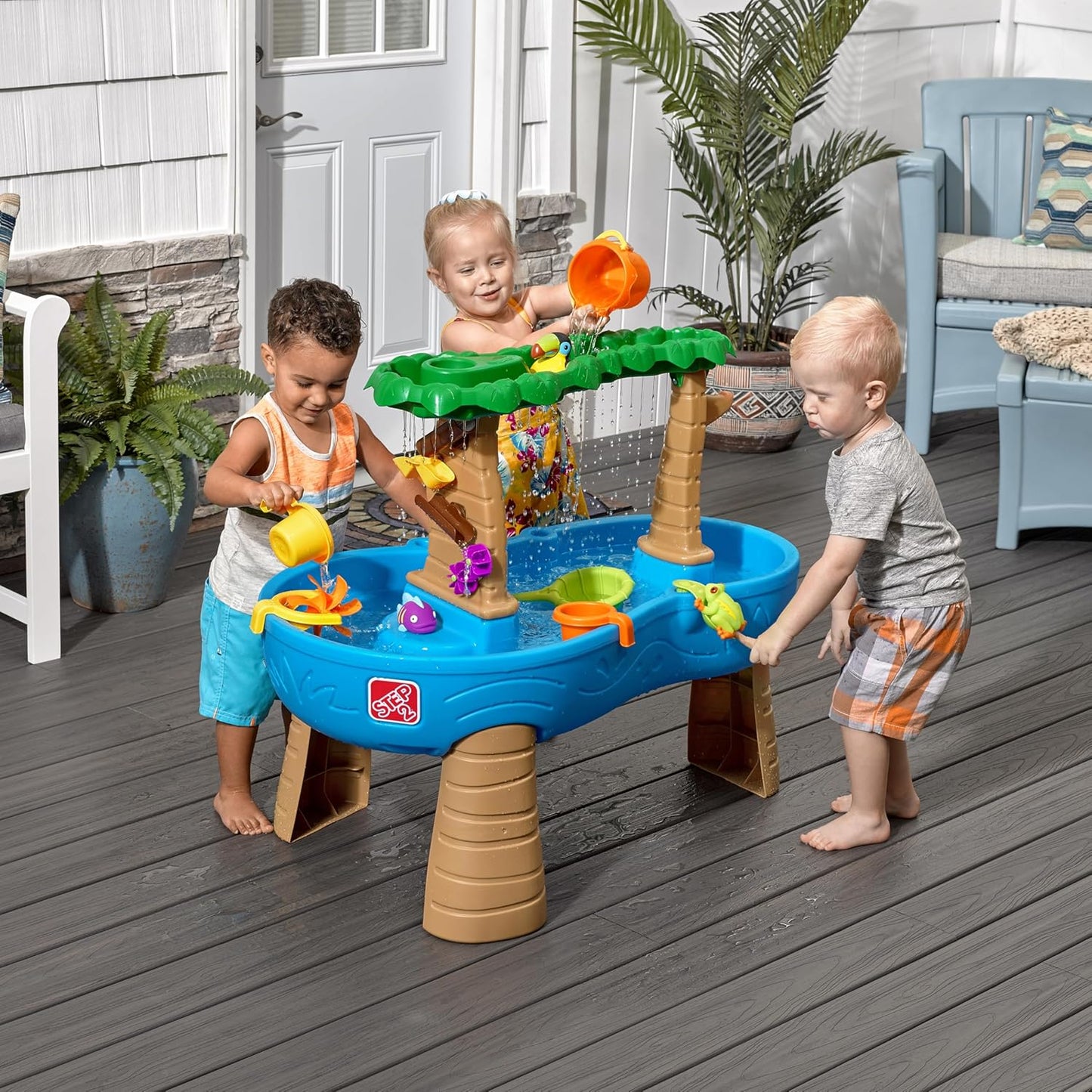 Step2 Rain Showers Splash Pond Water Table with Cover, Kids Water and Sand Activity Sensory Playset, Summer Outdoor Toys, 13-Piece Water Toy Accessories, For Toddlers 1.5+ Years Old, Blue & Green