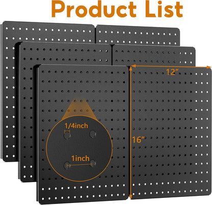 Peg Board, 112PCS Heavy Duty Metal Pegboard with Hooks, 6 Pack Black Peg Board Panels, 60lbs Load Capacity Each, Pegboard Wall Organizer for Garage, Workshop, Kitchen, Craft Rooms