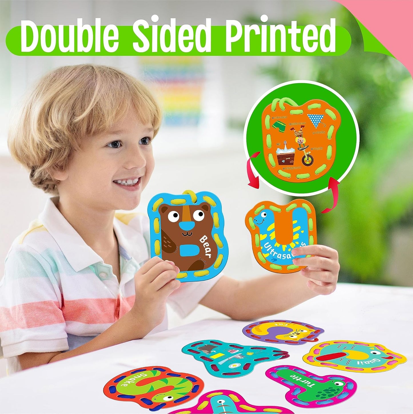 SpriteGru 9 Pieces Kids Lacing Cards, Double Sided Sewing Cards in 9 Vehicle Cards with 9 Colorful Laces, Imagination Development Lacing Toys Games for Children Educational and Learning Activity