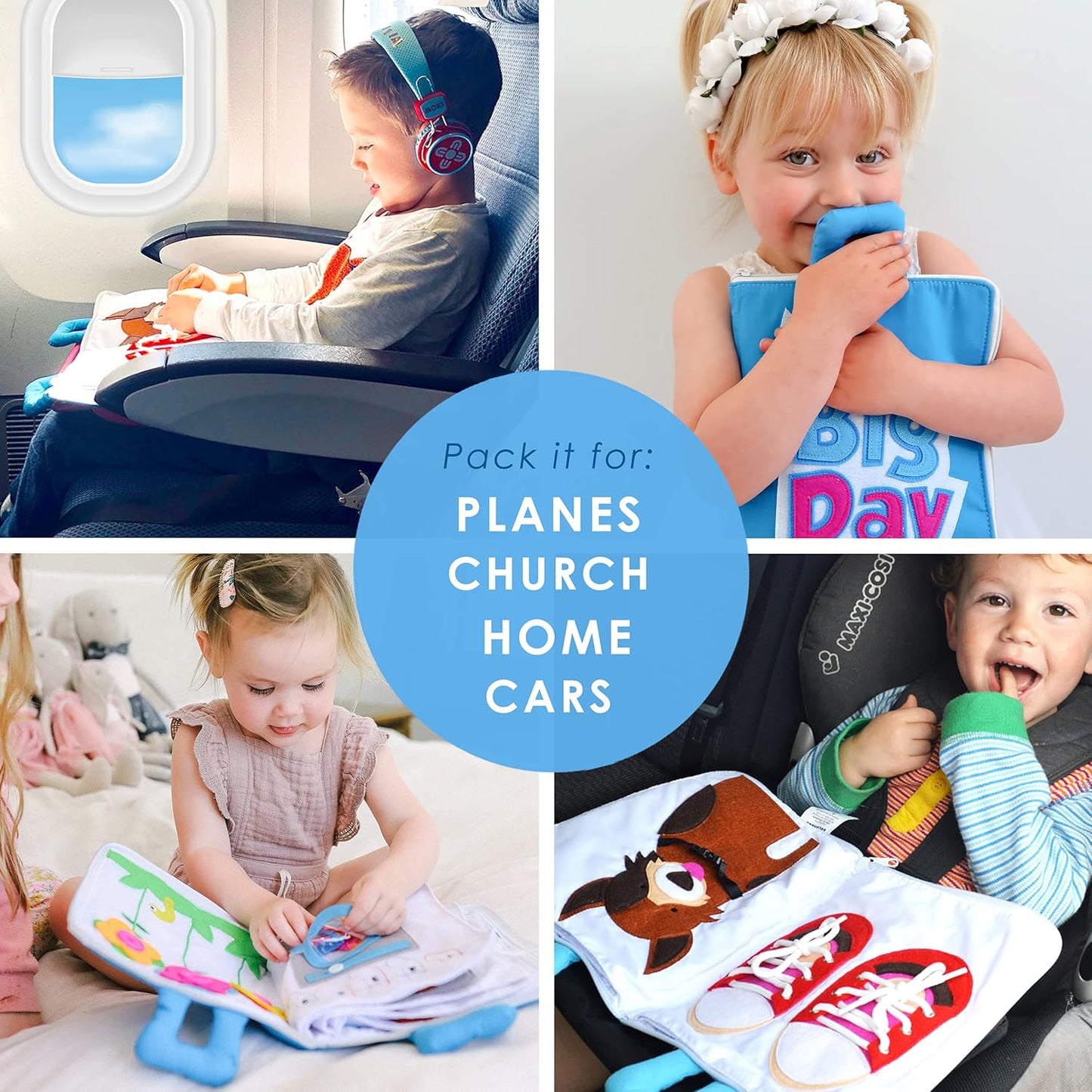 Curious Columbus Quiet Book Fabric Busy Book - Airplane Travel Toys for Kids - Montessori Toy Preschool Activity Books - Fun and Educational Fabric Book