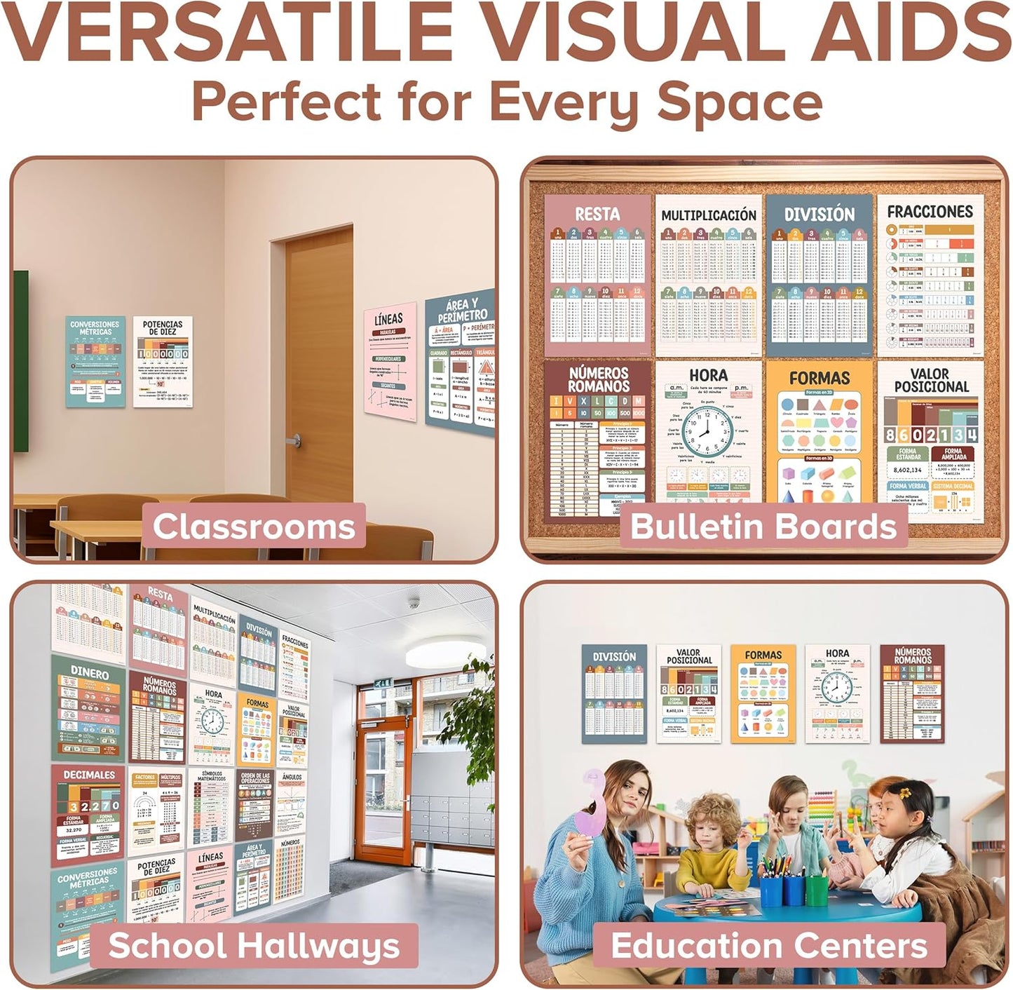 Decorably 20 Boho Spanish Math Posters for Classroom, 11x17in Educational, Matte-Laminated Classroom Decor - for Hallways, Bulletin Boards, Home Study Room
