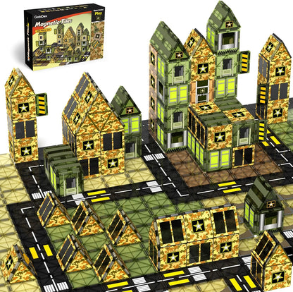 GobiDex 100PCS Army Magnetic Tiles Building Set for Kids, STEM Military Magnetic Building Blocks with 6 Magnetic Army Men, Educational Construction Toys Gift for Boys Girls 3 4 5 6 7 8 9+ Year Old