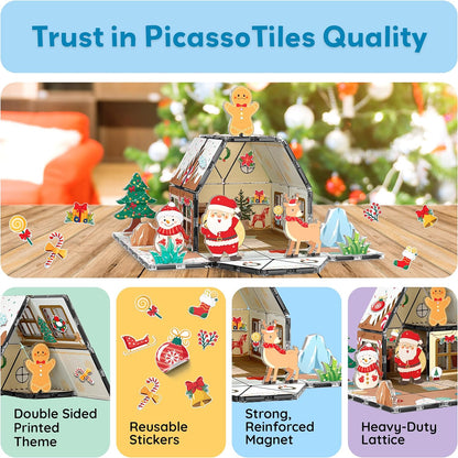 PicassoTiles Magnetic Tile Christmas Holidays Cottage Building Set with Santa Elves Nutcracker 6 Character Figures STEM Educational Construction Toy Winter Magnet Block Gift for Kids Age 3 Plus PTQ08