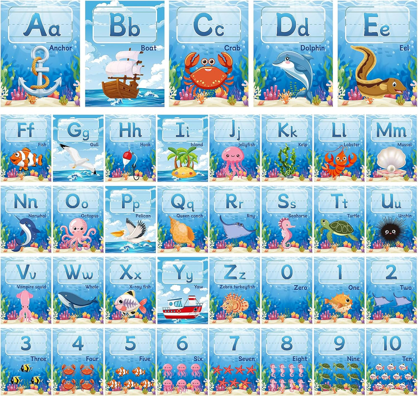 37 Pcs Alphabet for Classroom Wall Under The Sea Bulletin Board Set Alphabet Number 0-10 Line ABC Letters for Classroom Wall Decor (Ocean)
