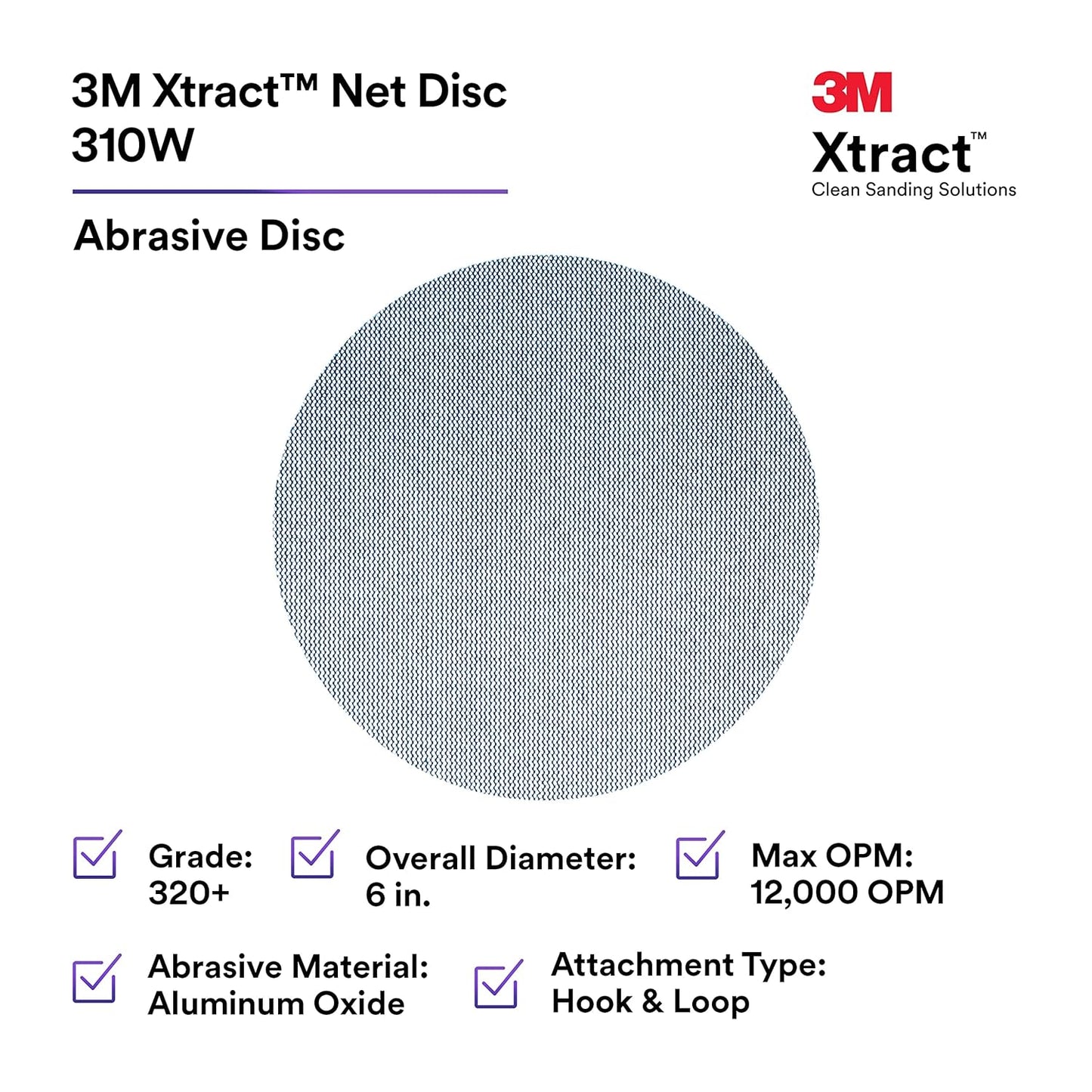 3M Xtract Net Disc 310W, 320+, 8 in, Die 800L, Pack of 50 Hook and Loop Sanding Discs, Virtually Dust-Free, Value Option for Metal, Wood, Composites, Stock Removal, and Fine Finishing