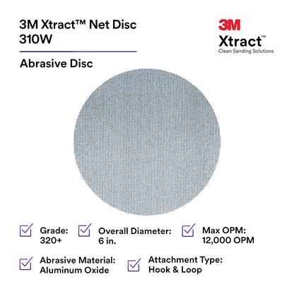3M Xtract Net Disc 310W, 320+, 8 in, Die 800L, Pack of 50 Hook and Loop Sanding Discs, Virtually Dust-Free, Value Option for Metal, Wood, Composites, Stock Removal, and Fine Finishing