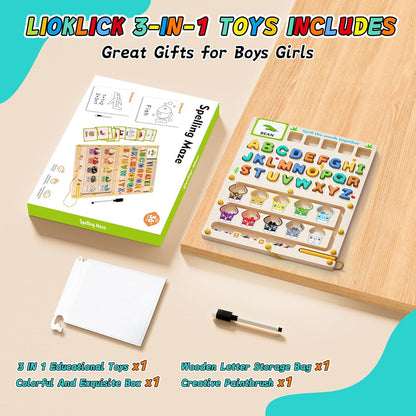 3 IN 1 Double Sided Montessori Toys- Magnetic Color and Number Maze, Toddler Wooden Alphabet Puzzles, Dry Erase Board, Preschool Learning Activities Toys for 3 4 5 6 Years Old Kids Girls Boys