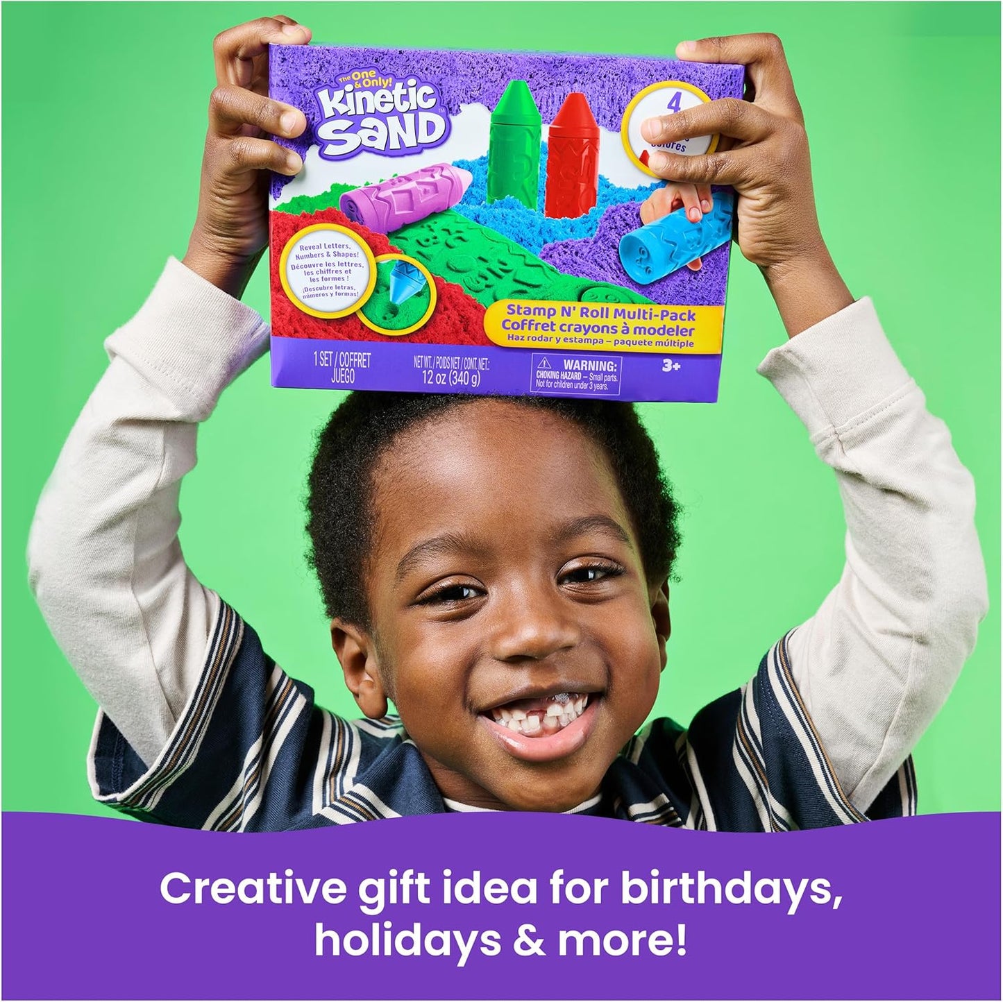 Kinetic Sand, Stamp N' Roll Crayon Multi-Pack with 12 oz Purple, Green, Blue & Red Play Sand, Toddler Toys, Arts and Crafts Kids Toys for Girls & Boys Ages 3 and up