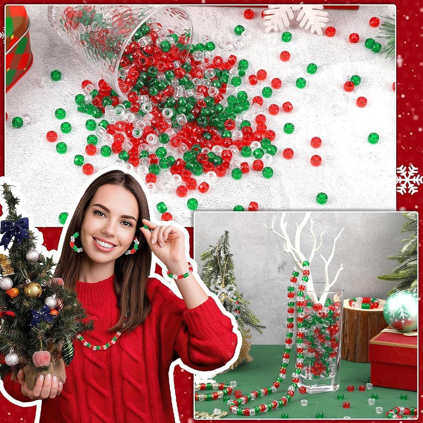 UPINS 1200Pcs Christmas Pony Beads Friendship Plastic Small Hair Beads Red Green White Pony Beads for Necklace Supplies (Christmas)