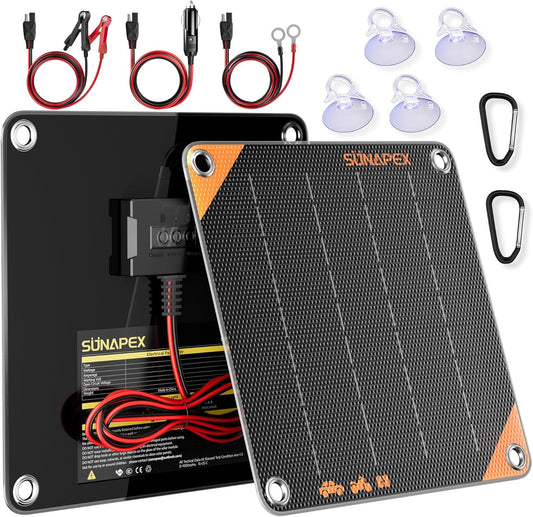SUNAPEX 12V 10 Watt Solar Trickle Charger Maintainer - Waterproof Solar Powered Battery Charger - Solar Panel Kit Built-in Smart Charge Controller for Car Rv Trailer Truck Boat Automotive Marine