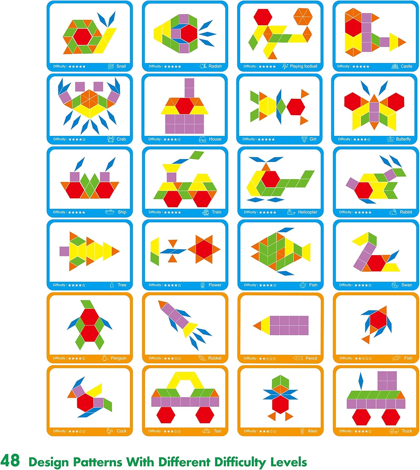 215 PCS Wooden Pattern Blocks Set, 24 Double-Sided Design Cards Pattern Building Shapes Educational Geometric Shape Puzzle Fun Tangram Montessori Learning Toys for Kids Ages 4-8 (A Storage Bag)