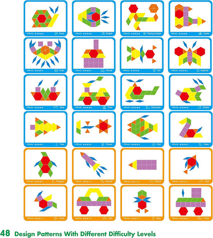 215 PCS Wooden Pattern Blocks Set, 24 Double-Sided Design Cards Pattern Building Shapes Educational Geometric Shape Puzzle Fun Tangram Montessori Learning Toys for Kids Ages 4-8 (A Storage Bag)