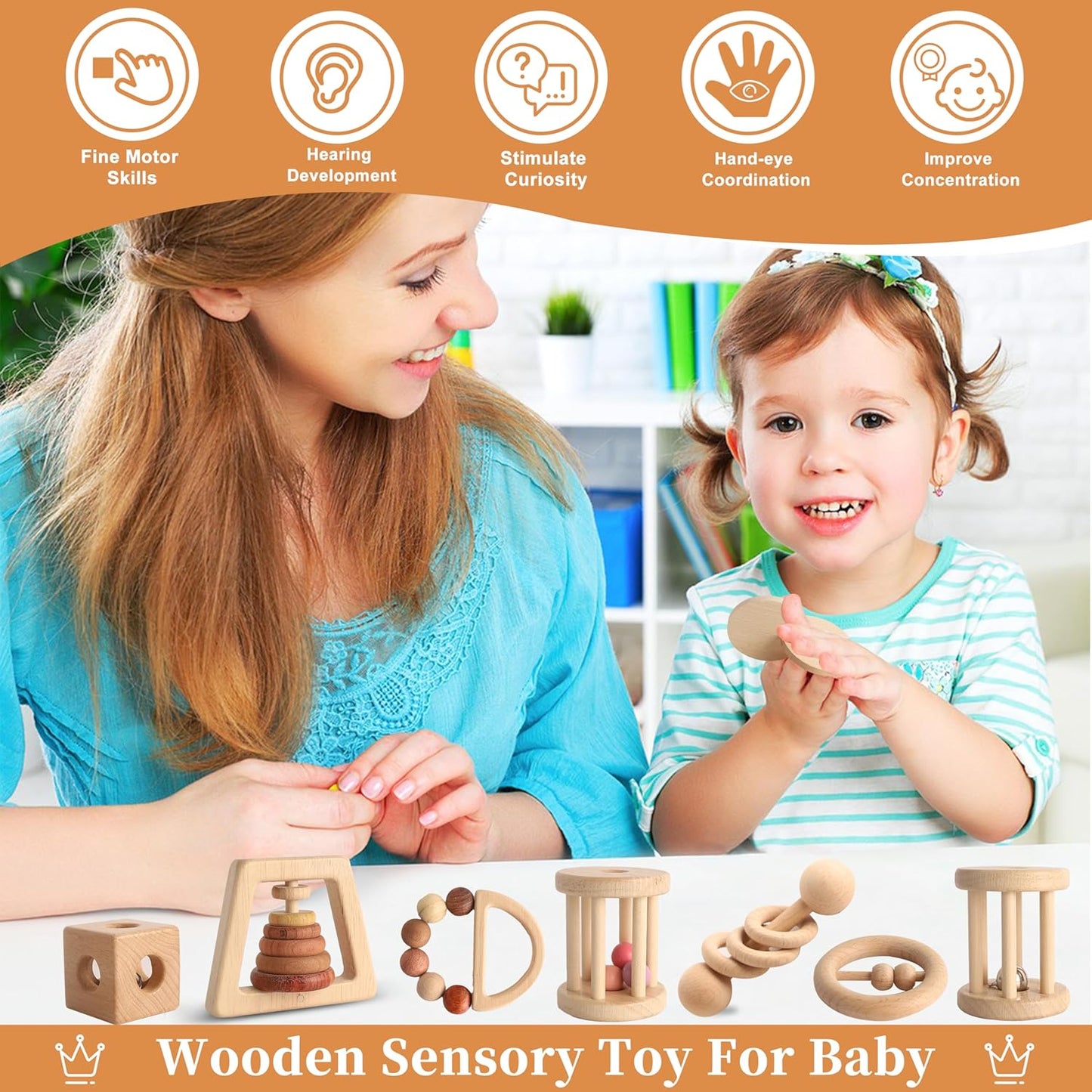 Wooden Rattles for Baby, 7PCS Wooden Montessori Toys for 7-24 Months Baby Boy Girl, Natural Beech Wood Grasping Toy, Gift for Babies