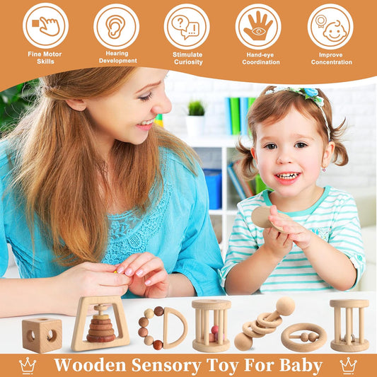 Wooden Rattles for Baby, 7PCS Wooden Montessori Toys for 7-24 Months Baby Boy Girl, Natural Beech Wood Grasping Toy, Gift for Babies