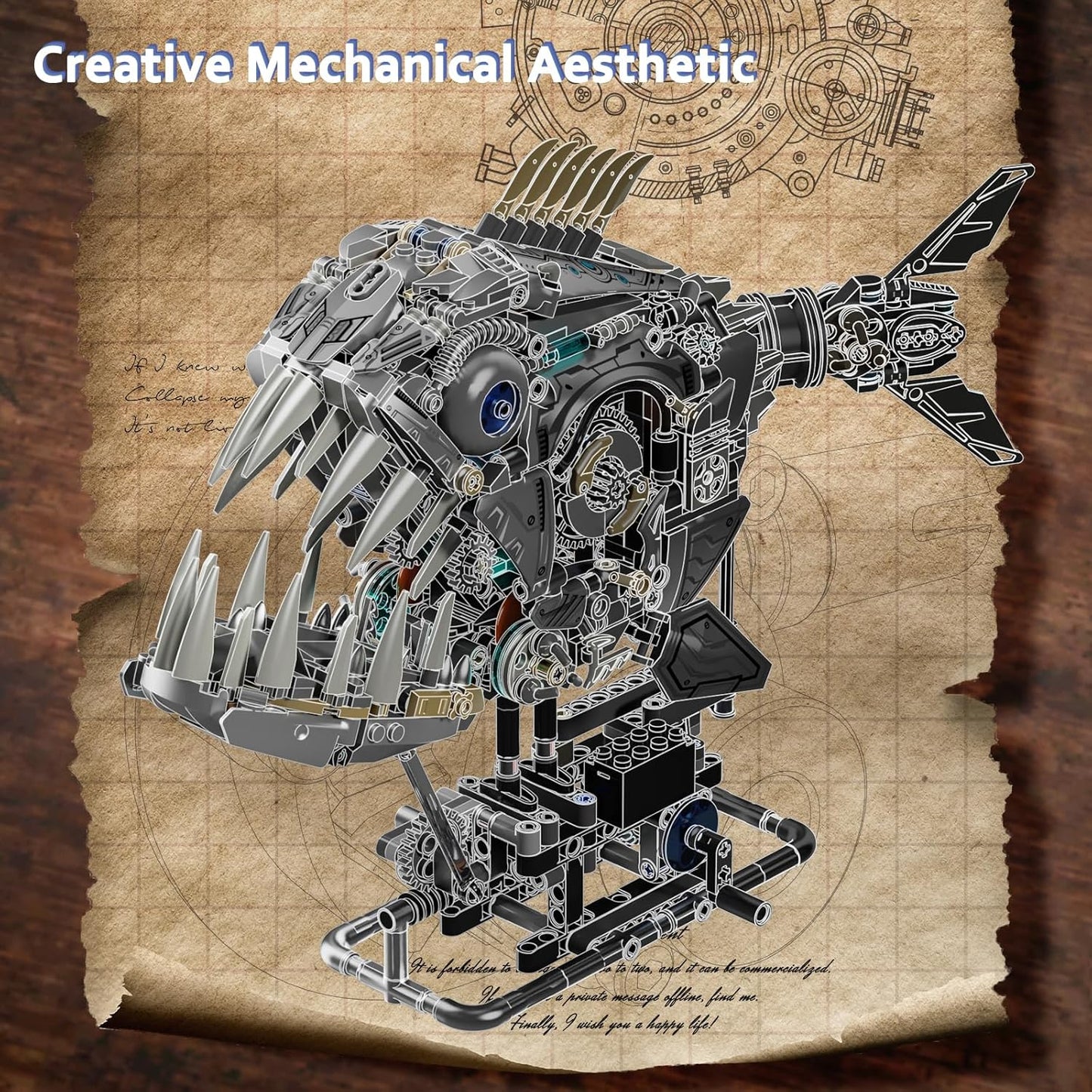 1085-PCS Mechanical Piranhas Fish Building Set with LED Light, Movable Linkage Gears, Display Stand,Mechanical Fish