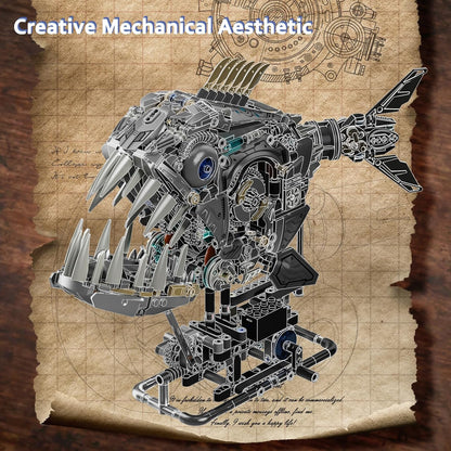 1085-PCS Mechanical Piranhas Fish Building Set with LED Light, Movable Linkage Gears, Display Stand,Mechanical Fish