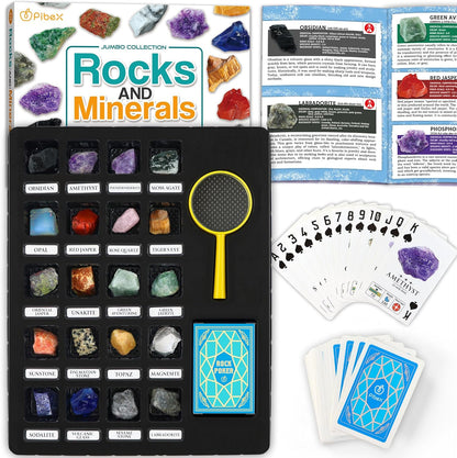 PIBEX Rock Collection Starter Kit - 54 Pcs Assorted Gemstones, Crystals, Rocks & Minerals, with Learning Book & ID Cards, Earth Science Kit Toy, A Geology Gift for Kids & Adults Ages 8+