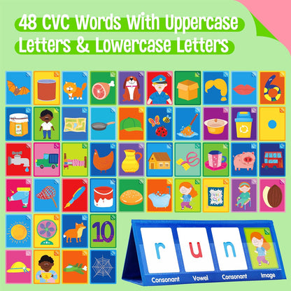 Word Building Desktop Pocket Chart, 48 CVC Words & 50 First Words, Double-Sided Tent Word Builder, Vocabulary Learning Flashcards Set for Kindergarten Reading and Spelling